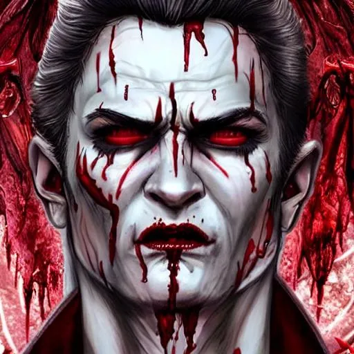 Prompt: Portrait image of a male vampire, covered in blood, complex, fantasy, dramatic, orherworldly, intricate, artstation, smooth, sharp focus, illustration, ancient, detailed body shape, ancient buildings background, detailed face, detailed background, highly realistic, symmetrical eye,  fea elements 
