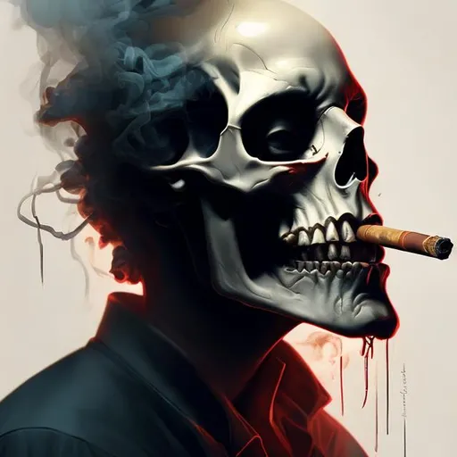 Prompt: a image of someone smoking, smoke looks like skull, long cigarrete, complex, fantasy, dramatic, orherworldly, fea element, intricate, digital painting, artstation, smooth, sharp focus, illustration,