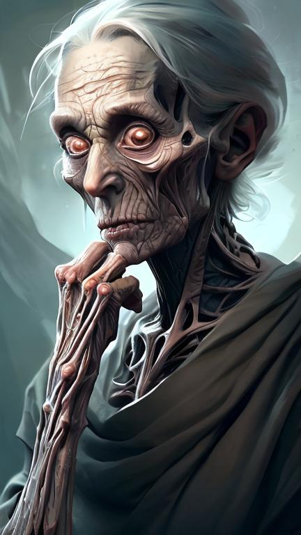 Prompt: a full image of a old lady, bony arm, starved, complex, fantasy, dramatic, orherworldly, fea element, intricate, digital painting, artstation, smooth, sharp focus, illustration,