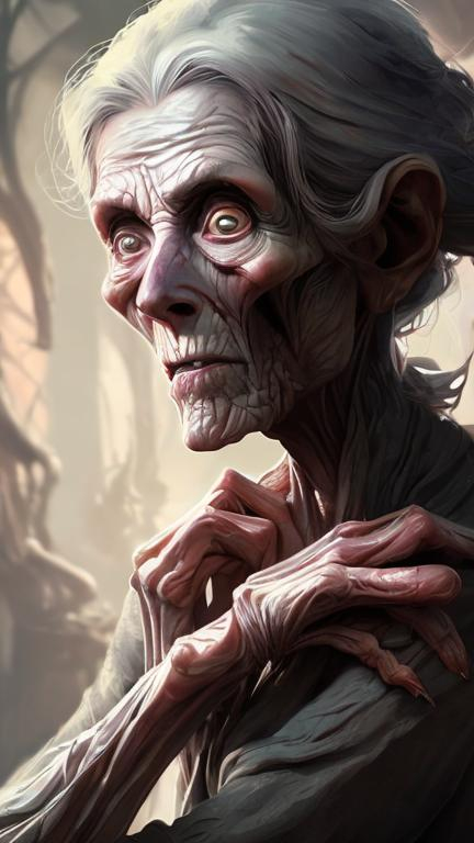 Prompt: a full image of a old lady, bony arm, starved, complex, fantasy, dramatic, orherworldly, fea element, intricate, digital painting, artstation, smooth, sharp focus, illustration,