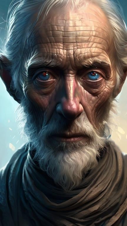 Prompt: a full image of a old person, starved, complex, fantasy, dramatic, orherworldly, fea element, intricate, digital painting, artstation, smooth, sharp focus, illustration,