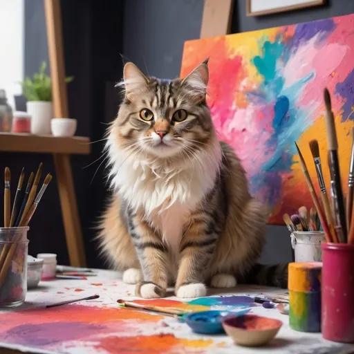 Prompt: (cat making art in a studio), (cute expression), vibrant colors, playful ambiance, cozy atmosphere, various art supplies scattered around, abstract paintings on the walls, soft studio lighting, fluffy fur texture, detailed whiskers, focused pose, HD quality, contemporary art vibes, whimsical setting.