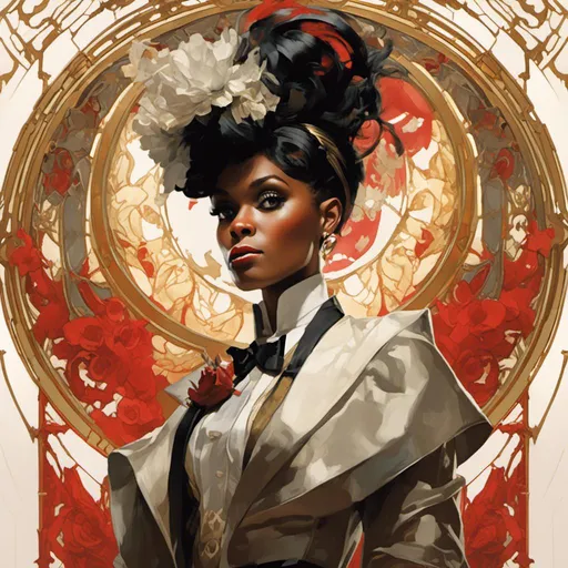 Prompt: A Janelle Monae's portrait, a stunning Alphonse Mucha's   masterpiece in  <mymodel> artstyle by Anders Zorn and Joseph Christian Leyendecker