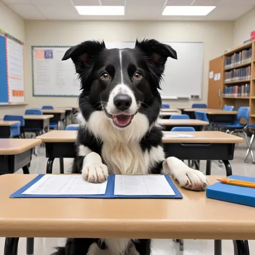 Prompt: Hyper realistic, A black and white border collie with black freckles. The collie is sitting at a school desk at Service Dog academy. The collie is taking a multiple choice SAT style test to become a Service Dog. A second dog, a Doberman, is the service dog classroom teacher and test supervisor.