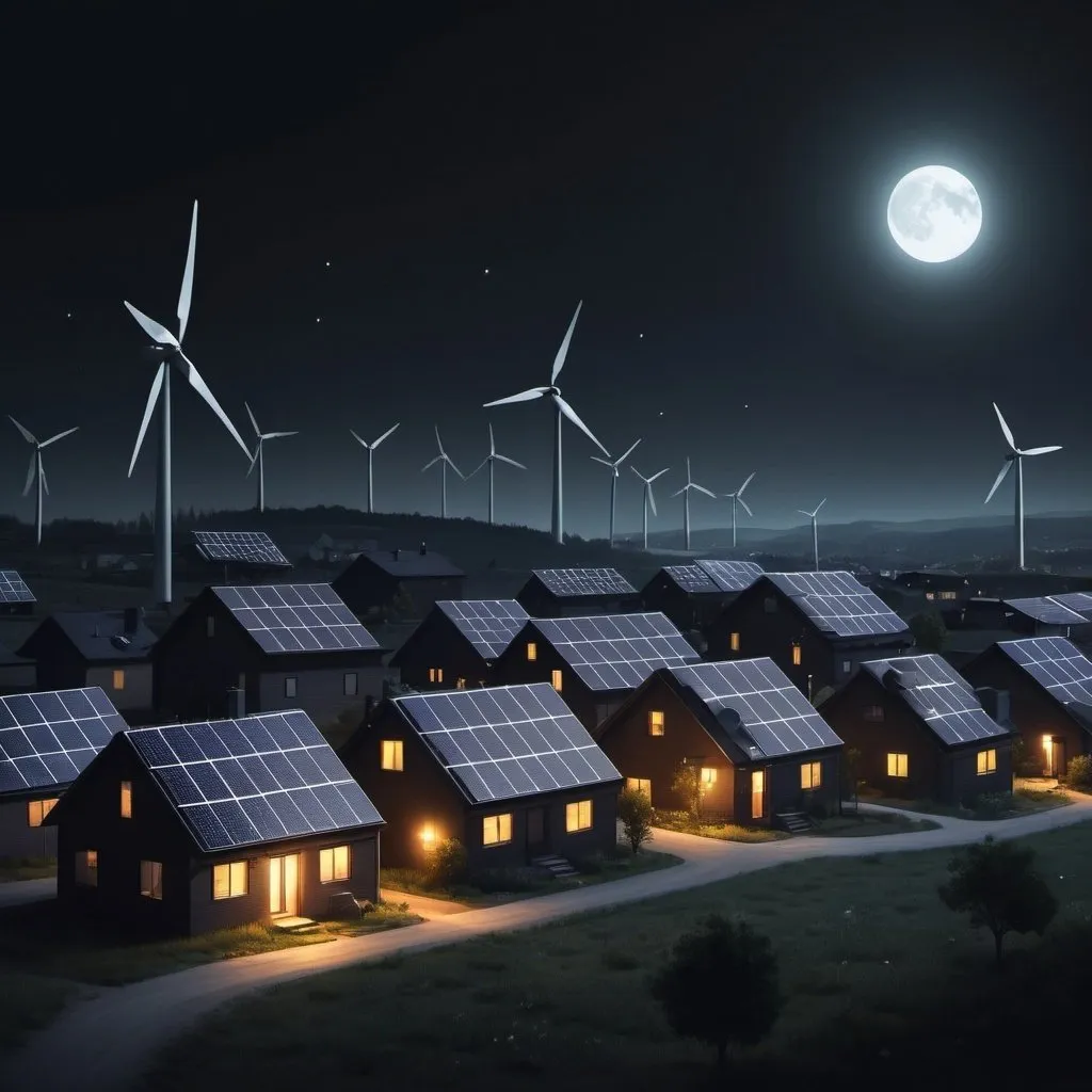 Prompt: very dark mode wallpaper telling a story of the small town going towards renewable energy. Show solar panels and wind farms.