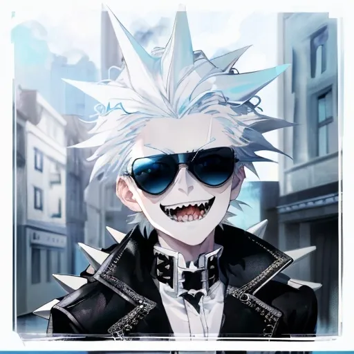 Prompt: light blue eye colour,white hair,spiky hairstyle,black coat clothes, a boy,evil smile,white skin and wear a sunglasses