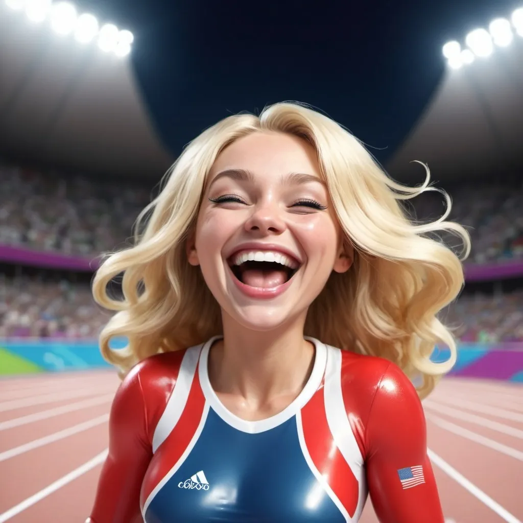 Prompt: A GLOSSY TOON GIRL BLONDE LAUGHING AT THE OLYMPICS 