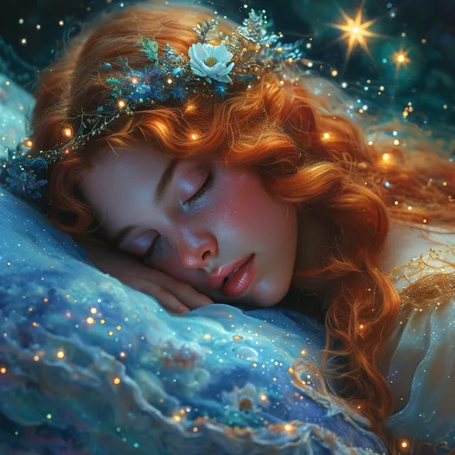 Prompt: art by Clayton Crain Josephine Wall anne stokes _detailed_illustration_of_a_fantasy_bioluminescent_galaxy_glow_cute_sleeping beauty sleeping at night, river in a glowing celestial glitters, fantasy night cosmic landscape digital painting, highly detailed, intricated, intricated pose, clarity, high quality