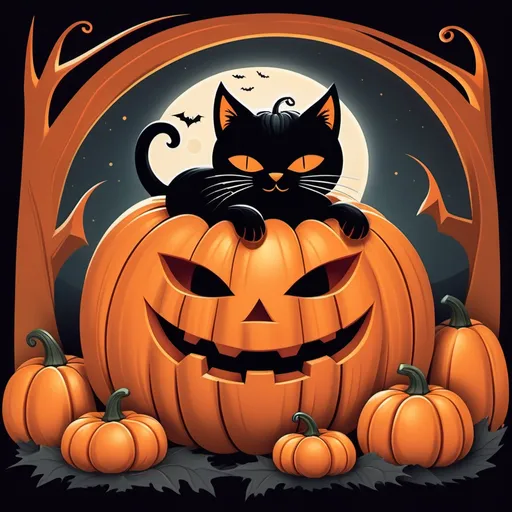 Prompt: A100 --stylizestyle A whimsical Halloween-themed illustration featuring a large, vividly carved pumpkin with a classic jack-o'-lantern face. The pumpkin, with its smooth, orange surface and visible ridges, dominates the center of the image. Inside the pumpkin, a content black kitten with fluffy fur is sleeping, its head resting on the edge with eyes closed, conveying a sense of peace. The kitten wears a charming black witch hat with a gold buckle, tilted slightly to the side. To the right of the pumpkin, a chipmunk with a thick, fluffy grey tail and brown and white fur is perched on the edge, looking curiously at the viewer with big, expressive eyes. Its bushy tail stands upright, adding to its expressive appearance. At the bottom right, another small chipmunk with brown and white fur sits on a smaller orange pumpkin, also gazing curiously. The scene is surrounded by autumn leaves in vibrant shades of orange, yellow, red, and pink, scattered around the pumpkins and animals, creating a warm and festive atmosphere. Additional elements such as a large brown pine cone, an almond-shaped nut, and more small pumpkins are visible among the fallen leaves, enhancing the seasonal feel. The background features a soft, textured beige gradient with scattered autumn leaves, providing a neutral backdrop that emphasizes the central subjects. The lighting is soft and even, highlighting the details of the subjects without casting harsh shadows. The overall mood is cozy, lighthearted, and festive, perfectly capturing the essence of Halloween and autumn.