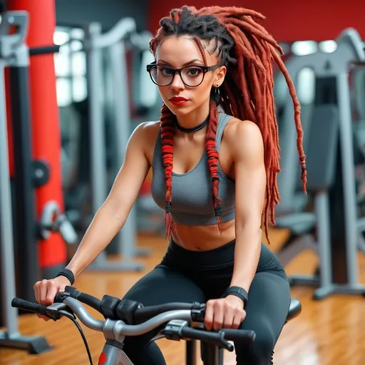 Prompt: DIRL RED DREADLOCKS TIED UP WITH BLACK GLASSES GRAY LOOSE TOP BLACK LEGGINGS ON A WORKOUT BIKE  BACKGROUND BLURRED GYM NO PEOPLE