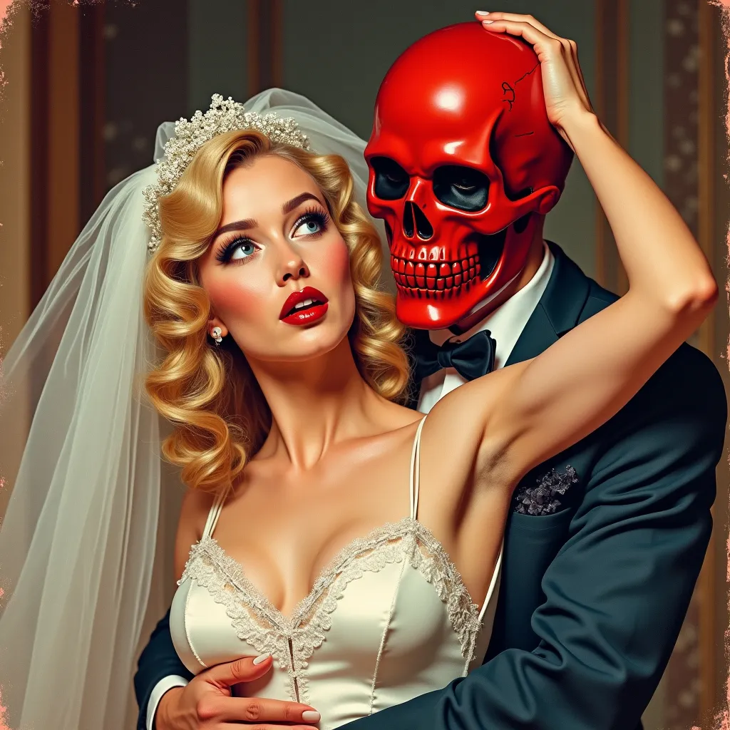 Prompt: 10h
pulp cover comic a beautiful blonde woman with curly hair in bridal outfit surprised or shocked by carried in arms by a man in a red skull mask