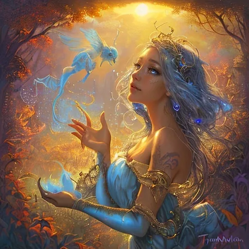 Prompt: "Tanned-skinned girl, eyes brimming with joy, beholds an enchanting harvest, ethereal beauty mirrored in the stylings of Millie Marotta, Meghan Howland, Phil Koch, Josephine Wall, ink art, water droplets dance down her visage, interwoven with autumnal hues and her sun-kissed complexion, luminous, ultra-fine details, ink art masterpiece. ethereal fantasy hyperdetailed mist Thomas Kinkade"