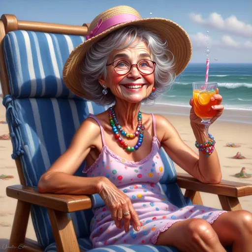 Prompt: <mymodel> Whimsical glossy oil painting,cartoon-style featurestoon OLDER LADY has CARTOON FEATURES OLDER WOMAN WITH BEADS IN HER HAIR WHIMISCAL CLOTHES SITTING ON HER SUNCHAIR AT THE BEACH HAVING A DRINK