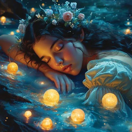 Prompt: art by Clayton Crain Josephine Wall anne stokes _detailed_illustration_of_a_fantasy_bioluminescent_galaxy_glow_cute_sleeping beauty sleeping at night, river in a glowing celestial glitters, fantasy night cosmic landscape digital painting, highly detailed, intricated, intricated pose, clarity, high quality