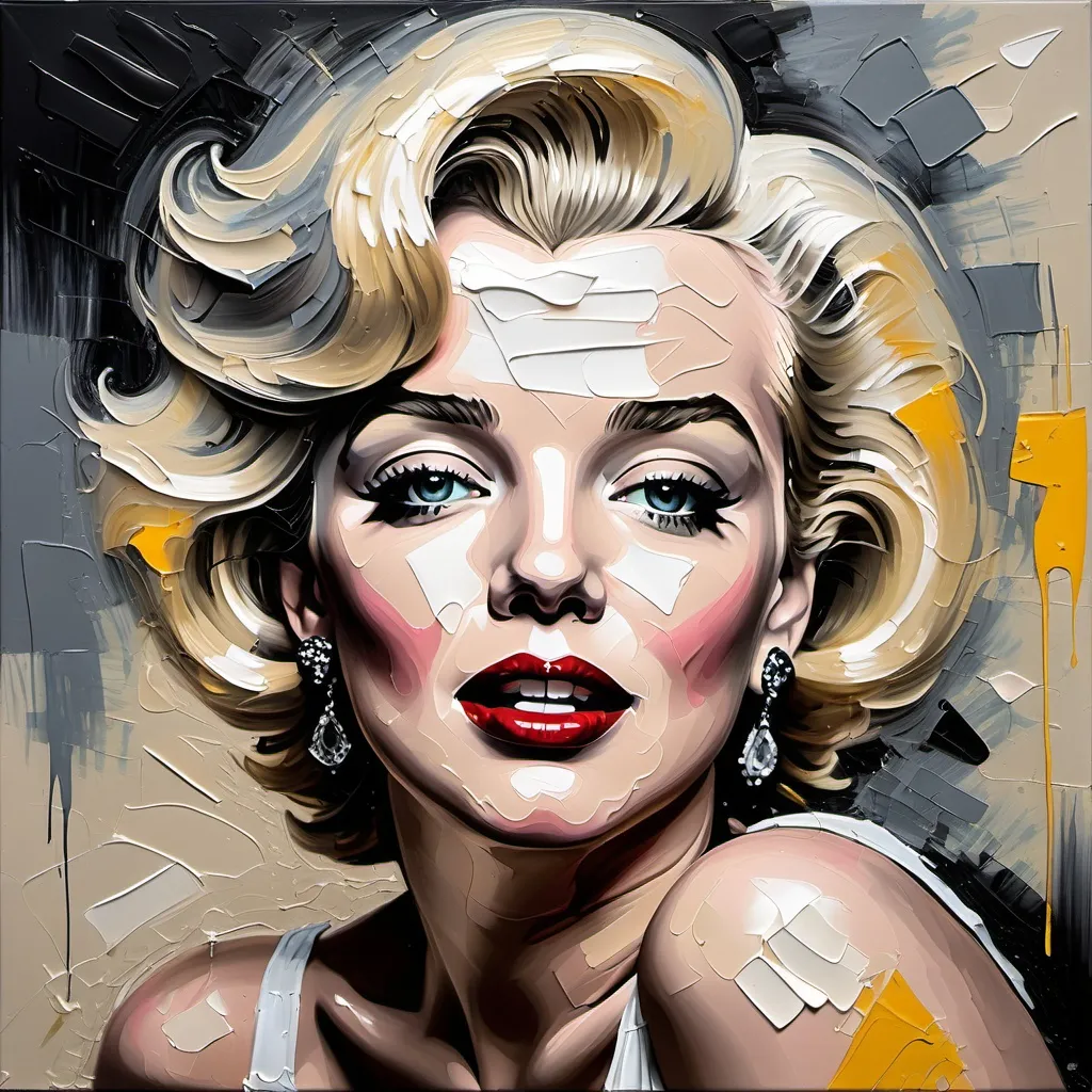 Prompt: Highly detailed, Palette knife painting, Oil painting inspired by peter lindbergh and yossi kotler, impressionistic, 1950s starlet, full length. Marilyn Monroe.