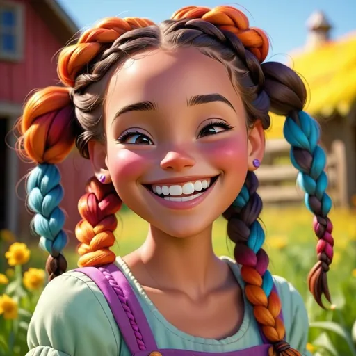 Prompt: Disney style farm girl with braids and a happy smile, vibrant colors, sunny