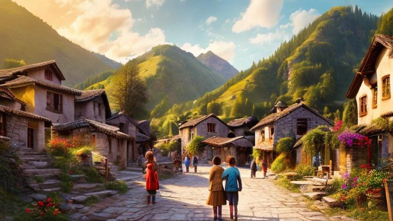 Prompt: Beautiful village valley scene, charming boy and girl walking street, realistic image, vibrant colors, picturesque scenery, detailed surroundings, high quality, warm tones, soft natural lighting