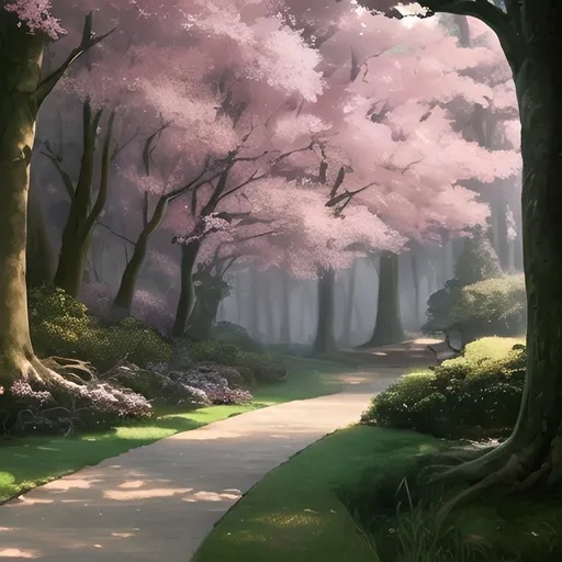 Prompt: regal forest with a studious and inviting atmosphere during midday representing the correct path to follow