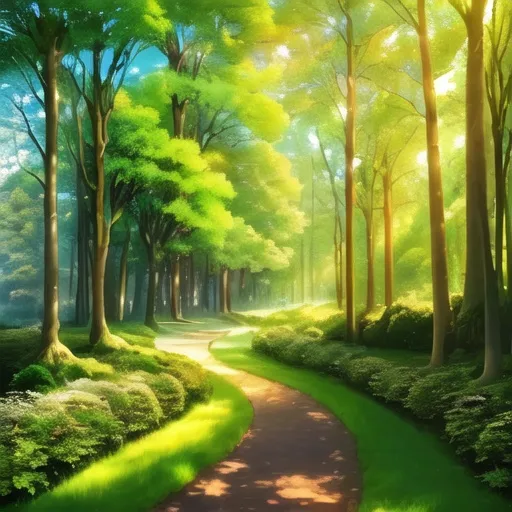 Prompt: regal forest with a studious and inviting atmosphere during midday representing the correct path to follow