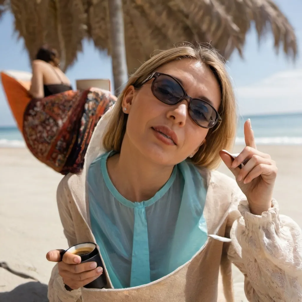 Prompt: woman having coffee on beach