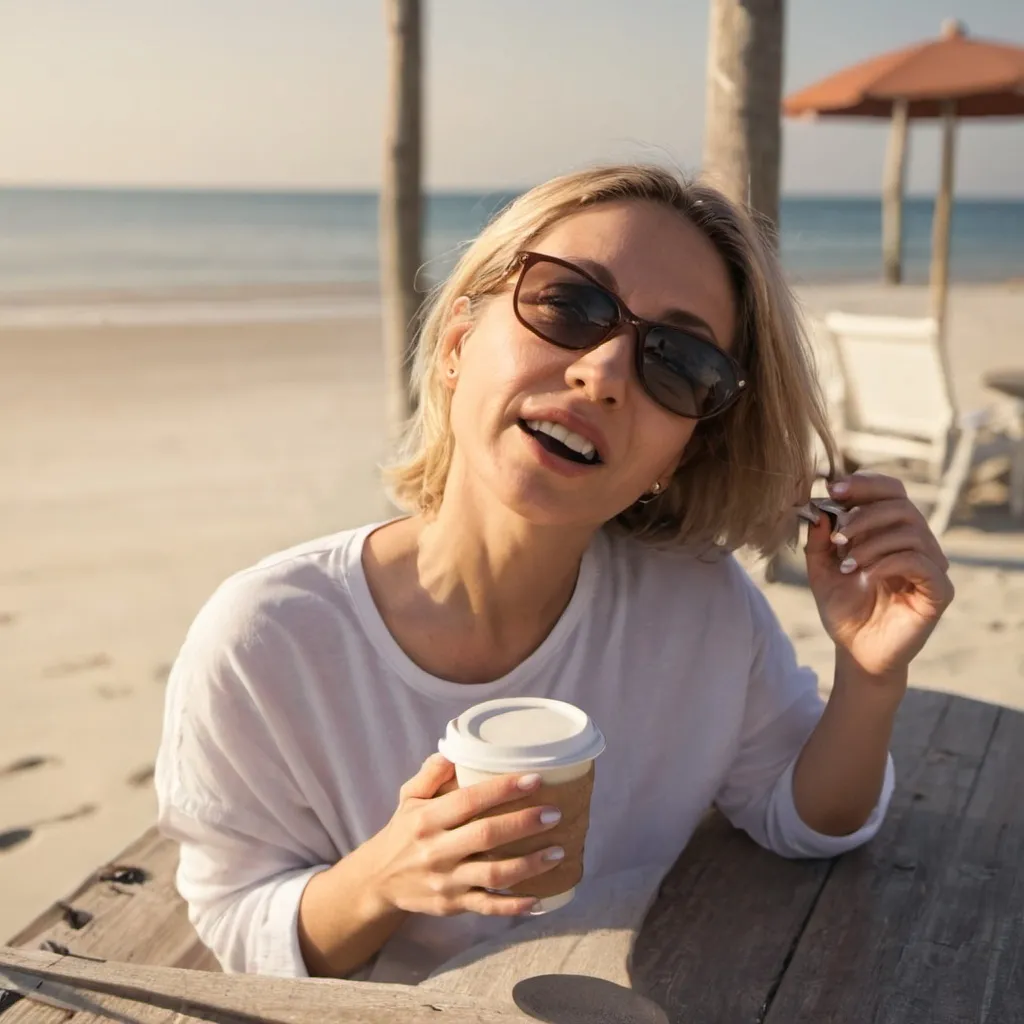 Prompt: woman having coffee on beach