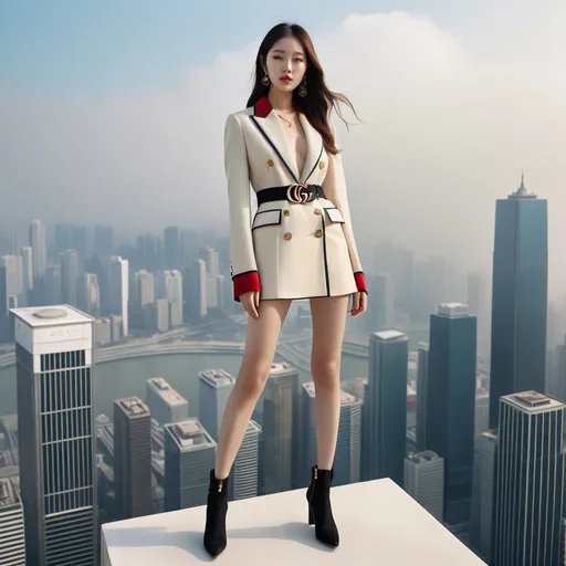 Prompt: korean Gucci clothing model in advertisement, ankle boots, 
She stands on top of a skyscraper and looks out over the city.
Sunny weather,

Full body shot, hyper detailed, ultra realistic, highly detailed, surreal heavy mist, AI defined exquisitely beautiful, totally ultra realistic young adult Korean, gorgeously detailed facial features, perfect body proportions, ultra pale, ultra glamorous, perfect shading, impeccable contrast, HDR, UHD, high res, 64k