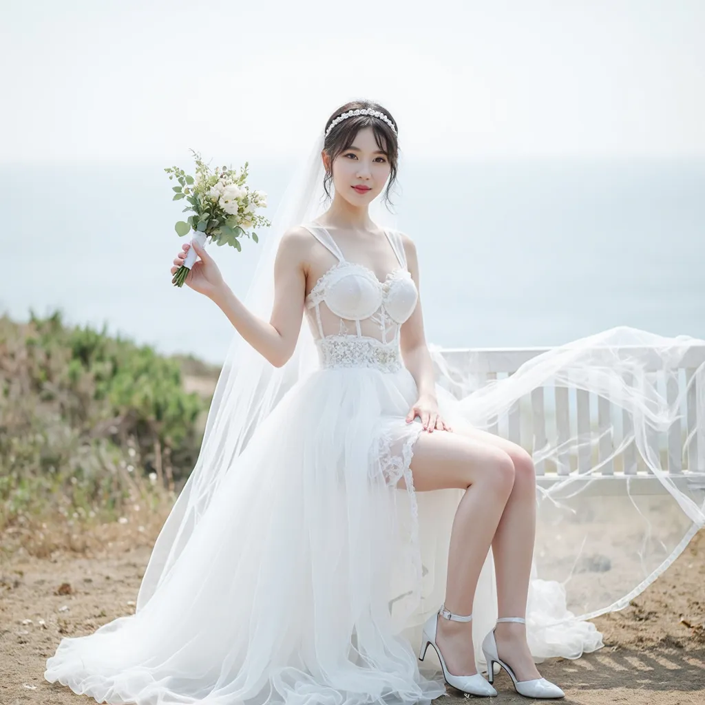 Prompt: Cute and glamorous 20-something Korean woman, very beautiful, baby face
Karina of aespa
During a photoshoot wearing a see-through mini wedding dress, garter belt, and high heels
Hairband on her head
Smiling expression
Outfit that emphasizes her glamorous body
Small clothes
Chest sticks out
Holding a small bouquet in one hand.
Taking a photo on a windy seaside hill.
Skirt and veil blowing in the wind
Sitting on a bench with her legs slightly spread
Thighs visible
Wearing a garter belt
