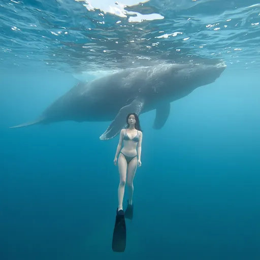 Prompt: A Korean woman in her 20s wearing a bikini and flippers and swimming in the ocean, 
a whale passes by the woman as she swims.
long hair, Beautiful underwater world, Snorkeling, solo, summer\(season\), sea, pure appearance, pale skin, full bosy shot, Dynamic photos, fantastic photos, Professional photo, 
totally ultra realistic young adult Korean, gorgeously detailed facial features, sumptuous cleavage, perfect body proportions, ultra pale, ultra glamorous, perfect shading, impeccable contrast, HDR, UHD, high res, 64k