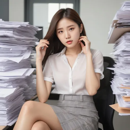 Prompt: In the hot summer, a woman in an office wears a short-sleeved blouse, a miniskirt, and ankle boots.
There are piles of paperwork at her desk.
A stressed expression, 
She has a headache, 
her face is grimacing, and she touches her head with her hands.

AI defined exquisitely beautiful, totally ultra realistic young adult Korean, gorgeously detailed facial features,  perfect body proportions, ultra pale, ultra glamorous, perfect shading, impeccable contrast, HDR, UHD, high res, 64k