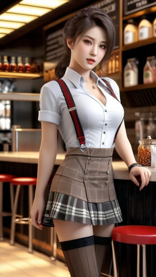 Prompt: Barista, in the cafe, 
She is wearing a skirt with suspenders and is leaning her head forward. 
One strap of suspenders came loose.
full body shot, Heel boots.
AI defined exquisitely beautiful, totally ultra realistic young adult Korean, gorgeously detailed facial features, sumptuous cleavage, perfect body proportions, ultra pale, ultra glamorous, perfect shading, impeccable contrast, HDR, UHD, high res, 64k