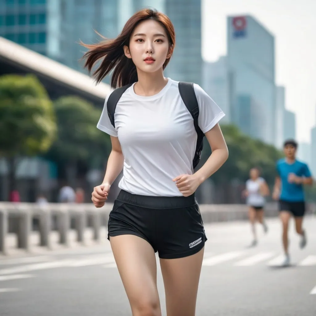 Prompt: The korean girl is running in the city. 
She wears white biker shorts and black sport t-shirt.
ultra-detailed, 4K quality. AI defined exquisitely beautiful, totally ultra realistic young adult Korean, gorgeously detailed facial features, perfect body proportions, ultra pale, ultra glamorous girl, Full body photo,  HDR, UHD, high res, 64k, cinematic lighting, special effects, hd octaneArtgerm
