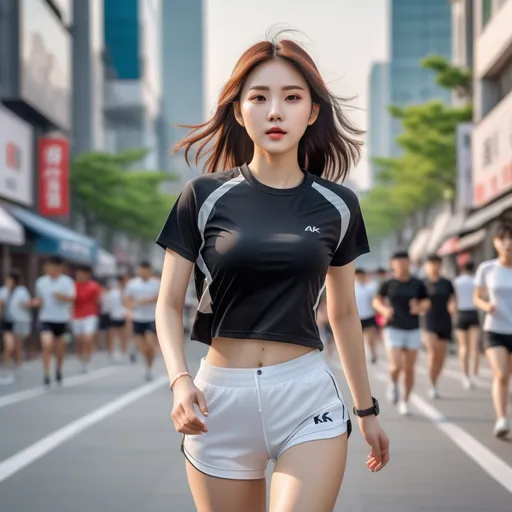 Prompt: The korean girl is running in the city. 
She wears white biker shorts and black sport t-shirt.
ultra-detailed, 4K quality. AI defined exquisitely beautiful, totally ultra realistic young adult Korean, gorgeously detailed facial features, perfect body proportions, ultra pale, ultra glamorous girl, Full body photo,  HDR, UHD, high res, 64k, cinematic lighting, special effects, hd octaneArtgerm
