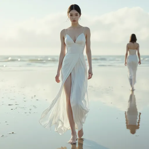 Prompt: hyper detailed, ultra realistic, highly detailed, AI defined exquisitely beautiful, totally ultra realistic young adult Korean, gorgeously detailed facial features, sumptuous cleavage, perfect body proportions, ultra pale, ultra glamorous bride, walking in a serene beach, Wet feet and dress, 

HDR, UHD, high res, 64k, cinematic lighting, special effects, hd octaneArtgerm