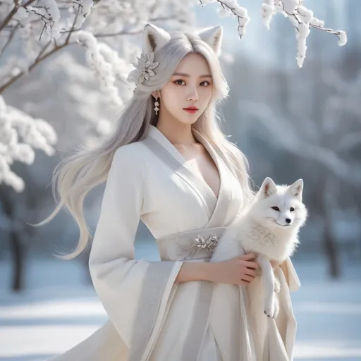 Prompt: Gumiho, human-shaped nine-tailed fox, beautiful appearance, captivating appearance, bewitching expression, dazzlingly beautiful face, pale skin, white hair, white clothes, full body, no shoes, bare feet, 
enchanting atmosphere, cold winter day, snow, snow sparkling, 
totally ultra realistic young adult Korean, gorgeously detailed facial features, sumptuous cleavage, perfect body proportions, ultra pale, ultra glamorous, perfect shading, impeccable contrast, HDR, UHD, high res, 64k