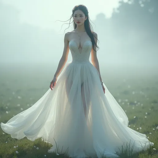 Prompt: full body shot, splash art, hyper detailed, ultra realistic, highly detailed, surreal heavy mist, AI defined exquisitely beautiful, totally ultra realistic young adult Korean, gorgeously detailed facial features, sumptuous cleavage, perfect body proportions, ultra pale, ultra glamorous bride, walking in a swirling fog, micro dress, on the grass, 

perfect shading, impeccable contrast, HDR, UHD, high res, 64k, cinematic lighting, special effects, hd octaneArtgerm, WLOP, dynamic studio quality lighting hyper-detailed, intricately detailed, Splash art, trending on Artstation, triadic colors, Unreal Engine 5 volumetric lighting, unreal engine, octane render.