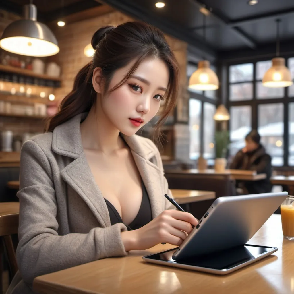 Prompt: A female artist drawing on a tablet in a cafe during the cold winter

AI defined exquisitely beautiful, totally ultra realistic young adult Korean, gorgeously detailed facial features, sumptuous cleavage, perfect body proportions, ultra pale, ultra glamorous, perfect shading, impeccable contrast, HDR, UHD, high res, 64k