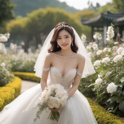 Prompt: Cute and glamorous 20-something Korean woman, very beautiful, baby face, Photoshoot wearing see-through mini wedding dress, garter belt, and high heels
Smiling expression, Outfit that emphasizes glamorous body, Clothing is a bit small, Chest sticks out, Holding a small bouquet in one hand. full body, 
A dazzlingly beautiful Korean woman in her 20s taking off her wedding dress in a flower garden.
Thighs visible, Wearing a garter belt, 
hyper detailed, ultra realistic, highly detailed, surreal heavy mist, AI defined exquisitely beautiful, totally ultra realistic young adult Korean, gorgeously detailed facial features, sumptuous cleavage, perfect body proportions, ultra pale, ultra glamorous, perfect shading, impeccable contrast, HDR, UHD, high res, 64k