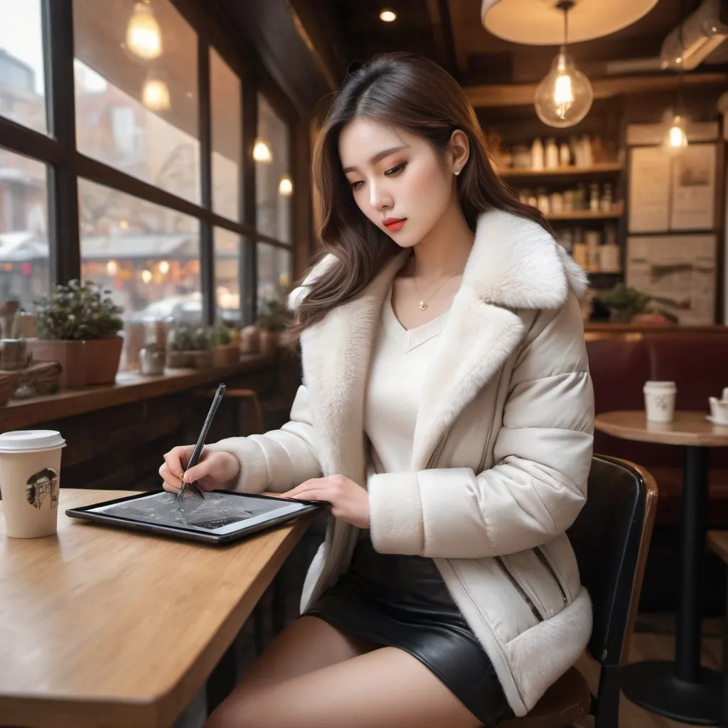 Prompt: A female artist drawing on a tablet in a cafe on a cold winter day is wearing a short fur jacket, miniskirt, and long boots.

AI defined exquisitely beautiful, totally ultra realistic young adult Korean, gorgeously detailed facial features,  perfect body proportions, ultra pale, ultra glamorous, perfect shading, impeccable contrast, HDR, UHD, high res, 64k