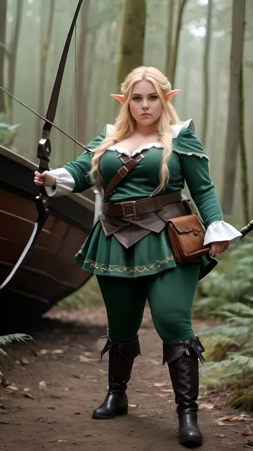 Prompt: Fat and cute elf, blonde hair,  leggings, baggy top, fighting in the forest, holding a bow, ankle boots with daggers, professional, professional photo, 8k, appearance details, body details, situation details, on the ship There is a wound and bleeding