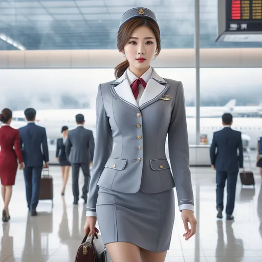 Prompt: splash art, hyper detailed, ultra realistic, highly detailed, surreal heavy mist, Detailed full body depiction, AI defined exquisitely beautiful, totally ultra realistic young adult Korean, gorgeously detailed facial features, sumptuous cleavage, perfect body proportions, ultra pale, ultra glamorous stewardess, walking in a airport, Blouse and stockings, 
HDR, UHD, high res, 64k, hd octaneArtgerm