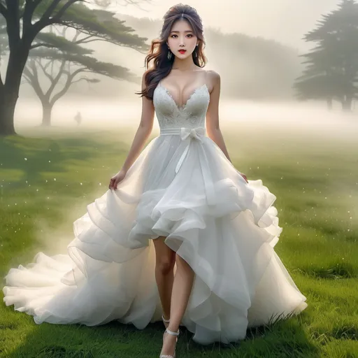 Prompt: splash art, hyper detailed, ultra realistic, highly detailed, surreal heavy mist, AI defined exquisitely beautiful, totally ultra realistic young adult Korean, gorgeously detailed facial features, sumptuous cleavage, perfect body proportions, ultra pale, ultra glamorous bride, walking in a swirling fog, micro dress, on the grass, 

perfect shading, impeccable contrast, HDR, UHD, high res, 64k, cinematic lighting, special effects, hd octaneArtgerm, WLOP, dynamic studio quality lighting hyper-detailed, intricately detailed, Splash art, trending on Artstation, triadic colors, Unreal Engine 5 volumetric lighting, unreal engine, octane render.