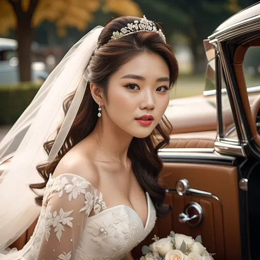 Prompt: A dazzlingly beautiful Korean woman in her 20s taking off her wedding dress in a classic car.