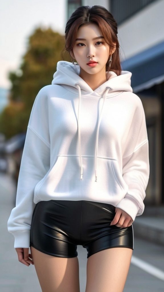 Prompt: No bottoms, 
oversized hoodie that reaches down to the knees, 
Outfit that emphasizes her glamorous body, full body, huge chest. AI defined exquisitely beautiful, totally ultra realistic young adult Korean, gorgeously detailed facial features, perfect body proportions, ultra pale, ultra glamorous, perfect shading, impeccable contrast, HDR, UHD, high res, 64k