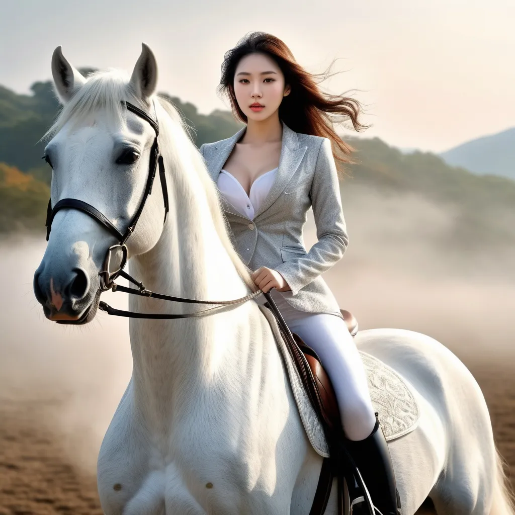 Prompt: Beautiful woman riding a white horse,
hyper detailed, ultra realistic, highly detailed, surreal heavy mist, AI defined exquisitely beautiful, totally ultra realistic young adult Korean, gorgeously detailed facial features, sumptuous cleavage, perfect body proportions, ultra pale, ultra glamorous, perfect shading, impeccable contrast, HDR, UHD, high res, 64k