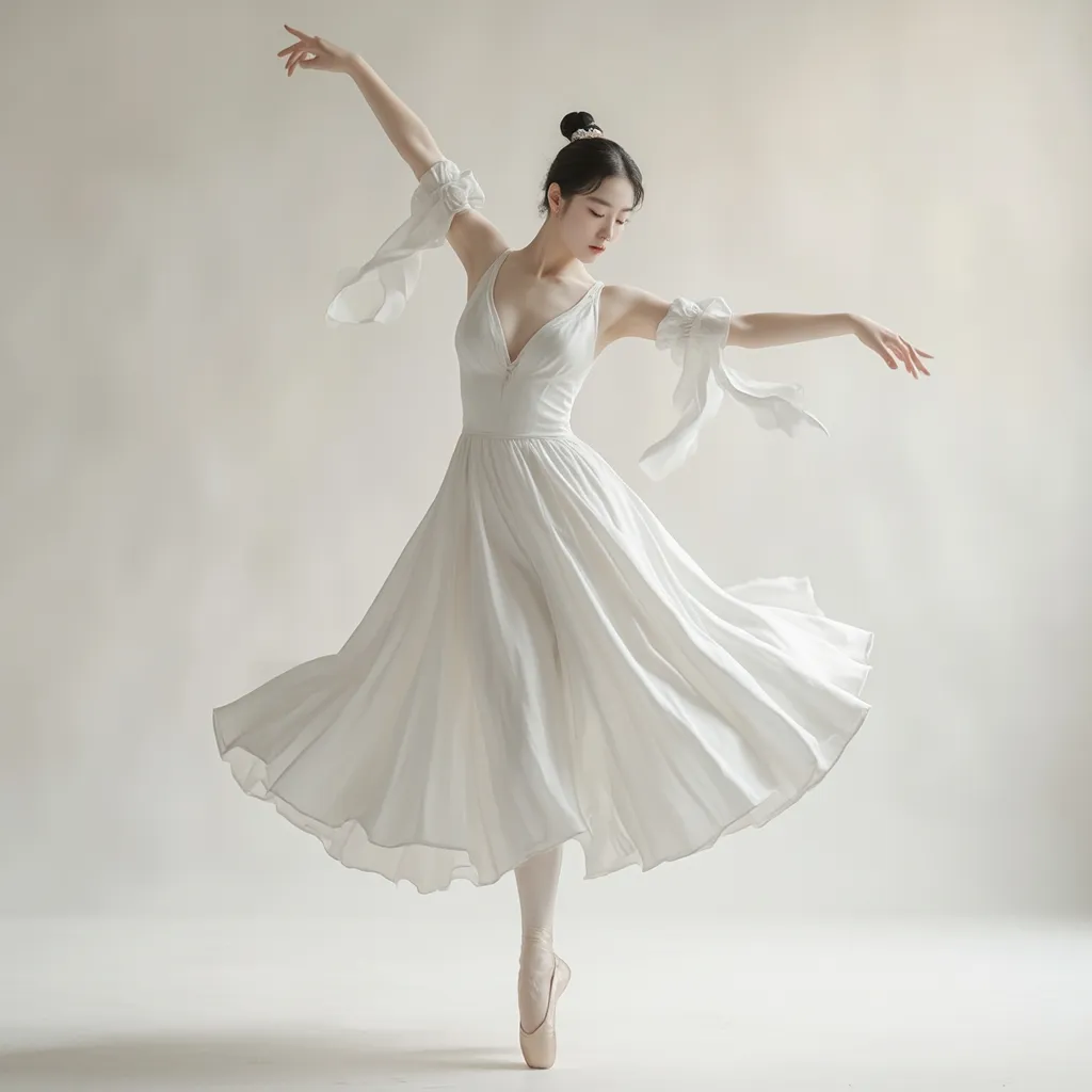 Prompt: Full body of a woman dancing, 
a woman in a white dress is dancing on a dance floor with a light background and a spotlight in the background, Chen Jiru, arabesque, elegant pose, a marble sculpture, A ballet move where you jump with your legs apart, 
AI defined exquisitely beautiful, totally ultra realistic young Korean, gorgeously detailed facial features, sumptuous cleavage, perfect body proportions, ultra pale, ultra glamorous, perfect shading, impeccable contrast, HDR, UHD, high res, 64k