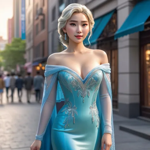 Prompt: Full body shot of Elsa wearing, in the city
AI defined exquisitely beautiful, totally ultra realistic young adult Korean, gorgeously detailed facial features, sumptuous cleavage, perfect body proportions, ultra pale, ultra glamorous, perfect shading, impeccable contrast, HDR, UHD, high res, 64k