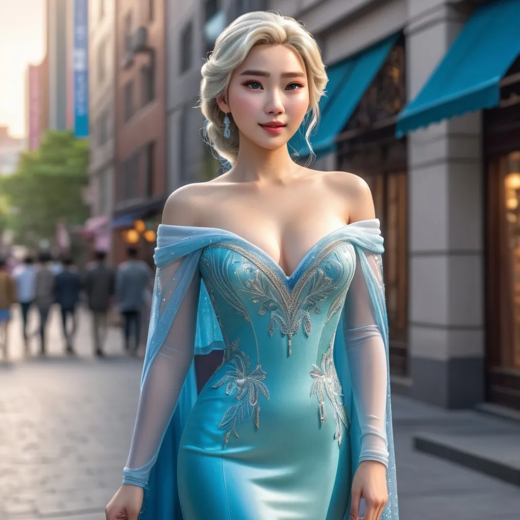 Prompt: Full body shot of Elsa wearing, in the city
AI defined exquisitely beautiful, totally ultra realistic young adult Korean, gorgeously detailed facial features, sumptuous cleavage, perfect body proportions, ultra pale, ultra glamorous, perfect shading, impeccable contrast, HDR, UHD, high res, 64k