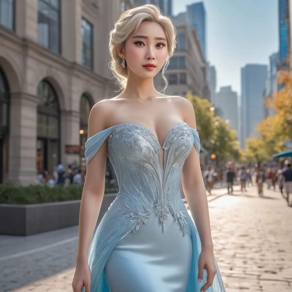 Prompt: Full body shot of Elsa wearing, in the city
AI defined exquisitely beautiful, totally ultra realistic young adult Korean, gorgeously detailed facial features, sumptuous cleavage, perfect body proportions, ultra pale, ultra glamorous, perfect shading, impeccable contrast, HDR, UHD, high res, 64k