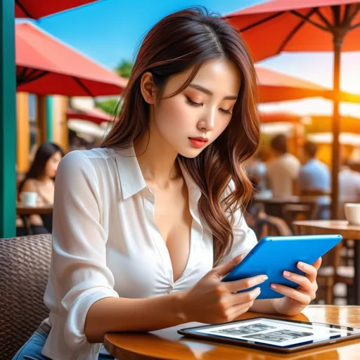 Prompt: A female writer drawing comics on a tablet in a hot summer cafe

AI defined exquisitely beautiful, totally ultra realistic young adult Korean, gorgeously detailed facial features, sumptuous cleavage, perfect body proportions, ultra pale, ultra glamorous, perfect shading, impeccable contrast, HDR, UHD, high res, 64k