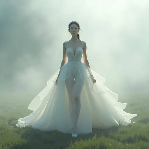 Prompt: full body shot, splash art, hyper detailed, ultra realistic, highly detailed, surreal heavy mist, AI defined exquisitely beautiful, totally ultra realistic young adult Korean, gorgeously detailed facial features, sumptuous cleavage, perfect body proportions, ultra pale, ultra glamorous bride, walking in a swirling fog, micro dress, on the grass, 

perfect shading, impeccable contrast, HDR, UHD, high res, 64k, cinematic lighting, special effects, hd octaneArtgerm, WLOP, dynamic studio quality lighting hyper-detailed, intricately detailed, Splash art, trending on Artstation, triadic colors, Unreal Engine 5 volumetric lighting, unreal engine, octane render.